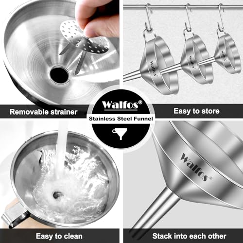 Classic Stainless Steel Funnel, Walfos 3 Pack Kitchen Funnel with Kit