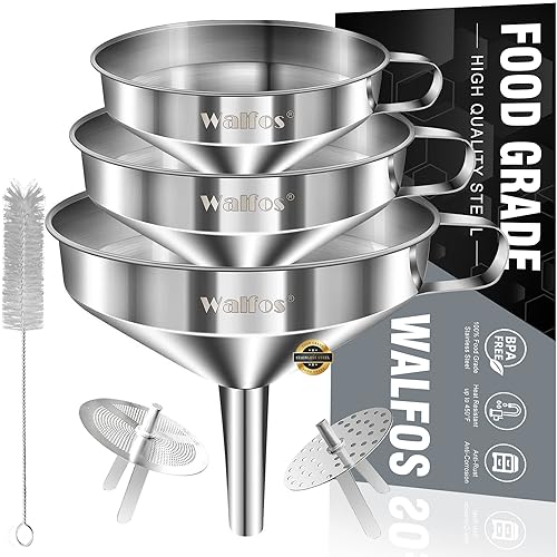 Classic Stainless Steel Funnel, Walfos 3 Pack Kitchen Funnel with Kit